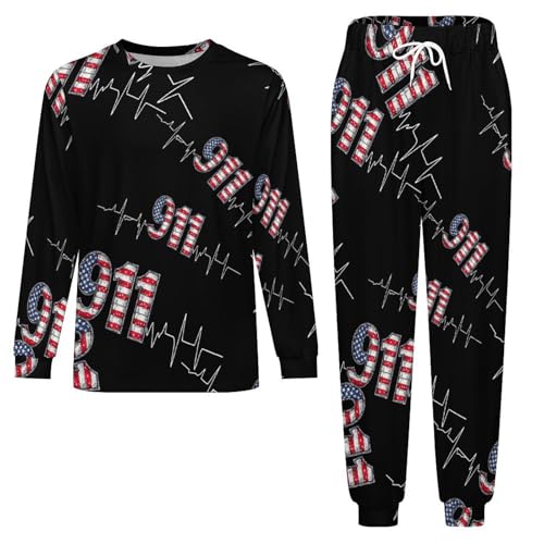 911 Vintage USA Flag Heartbeat EKG Pajama Set Long Sleeve Lounge Sets Sleepwear 2 Pjs Nightwear for Men Women XL3