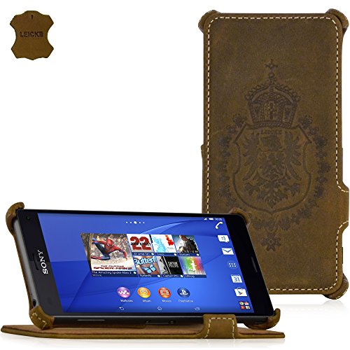 MANNA | Funda de piel genuina para Sony Xperia Z3 | Función EasyStand | Piel Nobuck 'Vintage' (marrón)