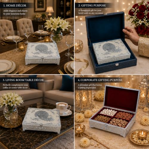 Image of Diviniti Decorative Silver Embossed Dry Fruit Box with 4 Compartments | Premium Ivory Designer Storage Box for Dry Fruits, Nuts, Chocolates & Sweets | Elegant Home Decor & Festive Gift Box