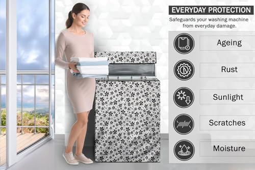Image of Stylista PVC Washing Machine Cover Compatible for Whirlpool 7.5 KG Fully-Automatic Top Load 360 Degree Bloomwash Pro 7.5, Floral Pattern Grey