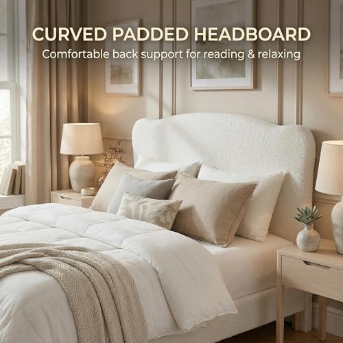 Image of GarveeHome Queen Size Bed Frame with Upholstered Headboard, Soft Low Profile Sturdy Platform Bed with Rounded Corners Design, Heavy Duty, Wooden Slats, Noise Free, No Box Spring Needed, Beige