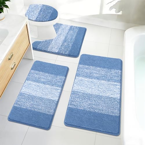 Image of Bsmathom Bathroom Rug Set 4 Piece, Plush Microfiber Bath Mat, Blue | Super Water Absorbent, Non Slip Machine Washable Bath Rug Sets with Toilet Lid Cover and U-shaped Contour Toilet Mat