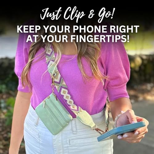 Image of Save the Girls Original Clip and Go Phone Strap Original (Green /Purple Pattern - Green Pouch) - Crossbody Phone Strap Chain with Zipper Wallet Pouch - Phone Lanyard with Zippered Pouch