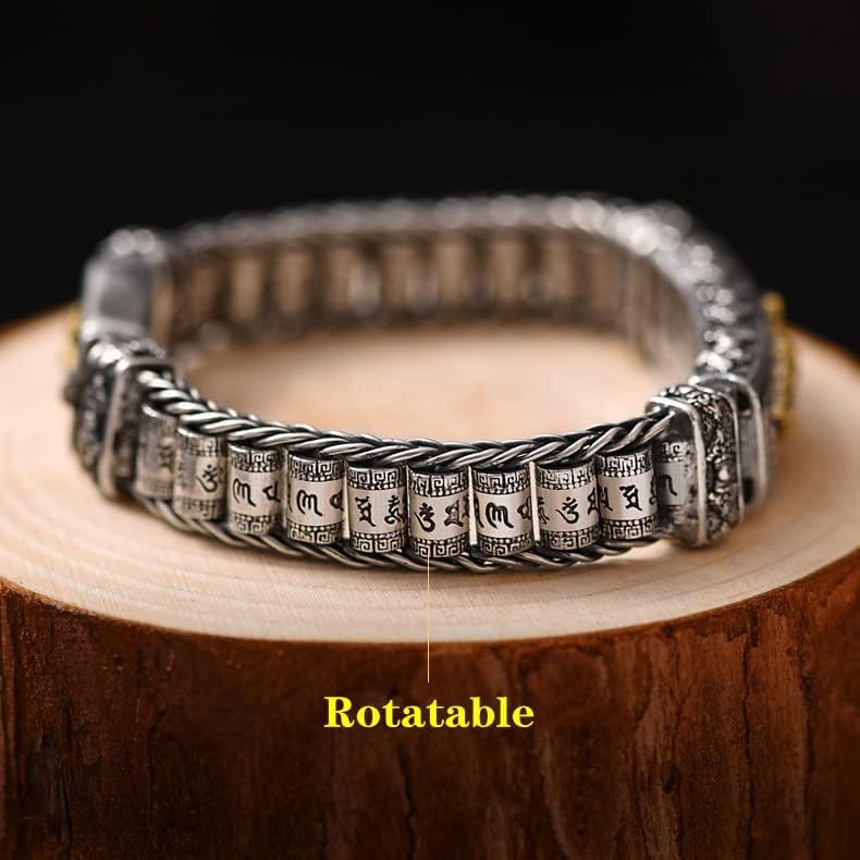 LYGBAOFUL Bracciale Rigido in Argento Sterling, Bracciale retrò, Bracciale Mantra Rotante a Sei Caratteri S925, Bracciale Religioso Uomo Donna, pestello Vajra+Ruota di Preghiera, Regalo di Gioielli