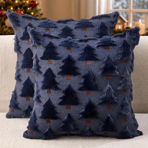 Image of Allorry Christmas Pillow Covers 20x20 inch Set of 2 Navy Blue Christmas Decorations Soft Plush Faux Fur Wool Christmas Tree Throw Pillow Cases Winter Holiday Decor for Sofa Living Room PT002H20