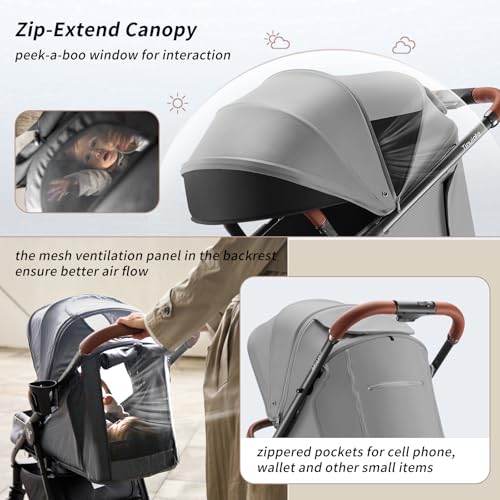 Tinyiota Stroller for Babies,Toddler Strollers with Large UPF 50+ Canopy,Luxury Baby Stroller with Leather Handle & Spacious Seat, One-Hand Foldable Pushchair,Baby Carriage with Lie-Flat Mode(Gray) - Image 3