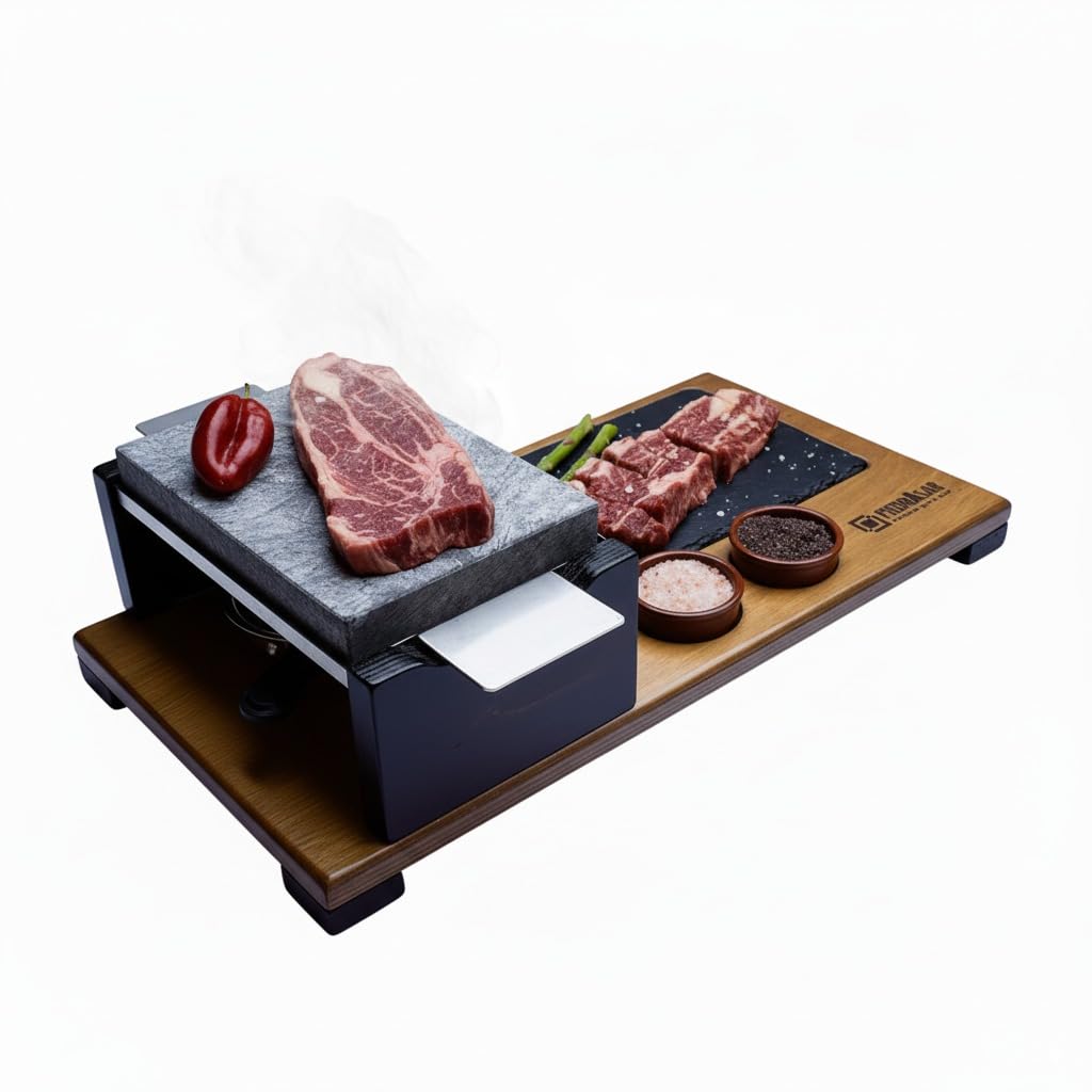 Piedra para asar carne de 15x20 con quemador y plato de pizarra Modelo deluxe