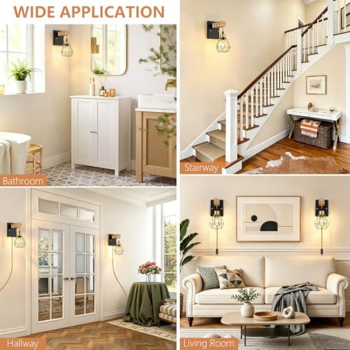 Image of Lomoky Rustic Plug in Wall Sconces Set of 2, Black Wall Lamps with Plug in Cord, Vintage Wall Light Fixtures with On /Off Switch and Gold Metal Cage for Living Room, Bedroom, Bedside