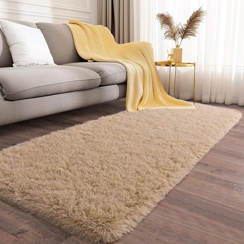 Image of Luxury Shaggy Carpet Solid Plain Fluffy Fur Rectangular Rugs for Bedroom Living Room 2X5 Feet Microfiber & Polyster Modern Interior Carpet for Home Floor Mat Beige