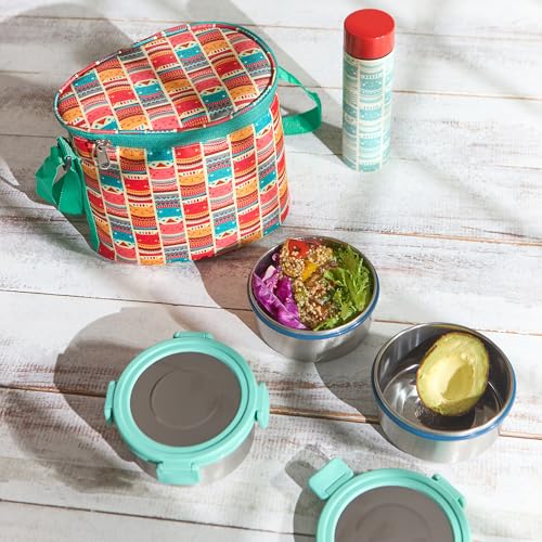 Image of Chumbak Aztec Cats Lunch Box Set | Tiffin, 3 round Containers, 450 ml Each, 1 Sipper bottle 350ml| Easy to Carry | Leak Proof | Stainless steel Lunch box