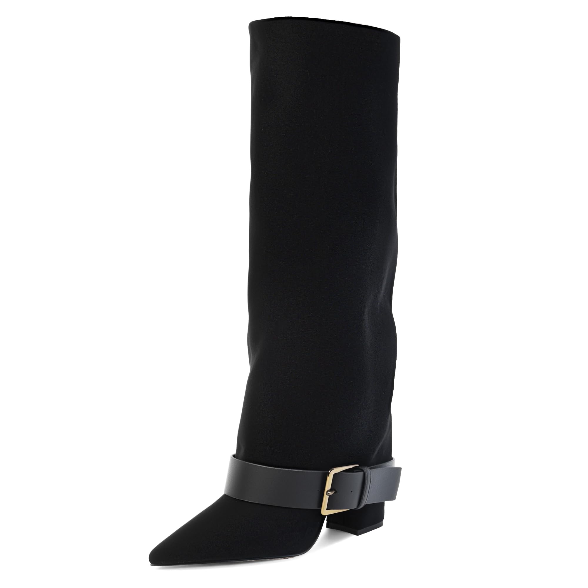 Knee High Boots Women Fold Over Chunky High Heel Wide Calf Pointed Toe Boots Belt Buckle Fall Long Boot for Women-image-45