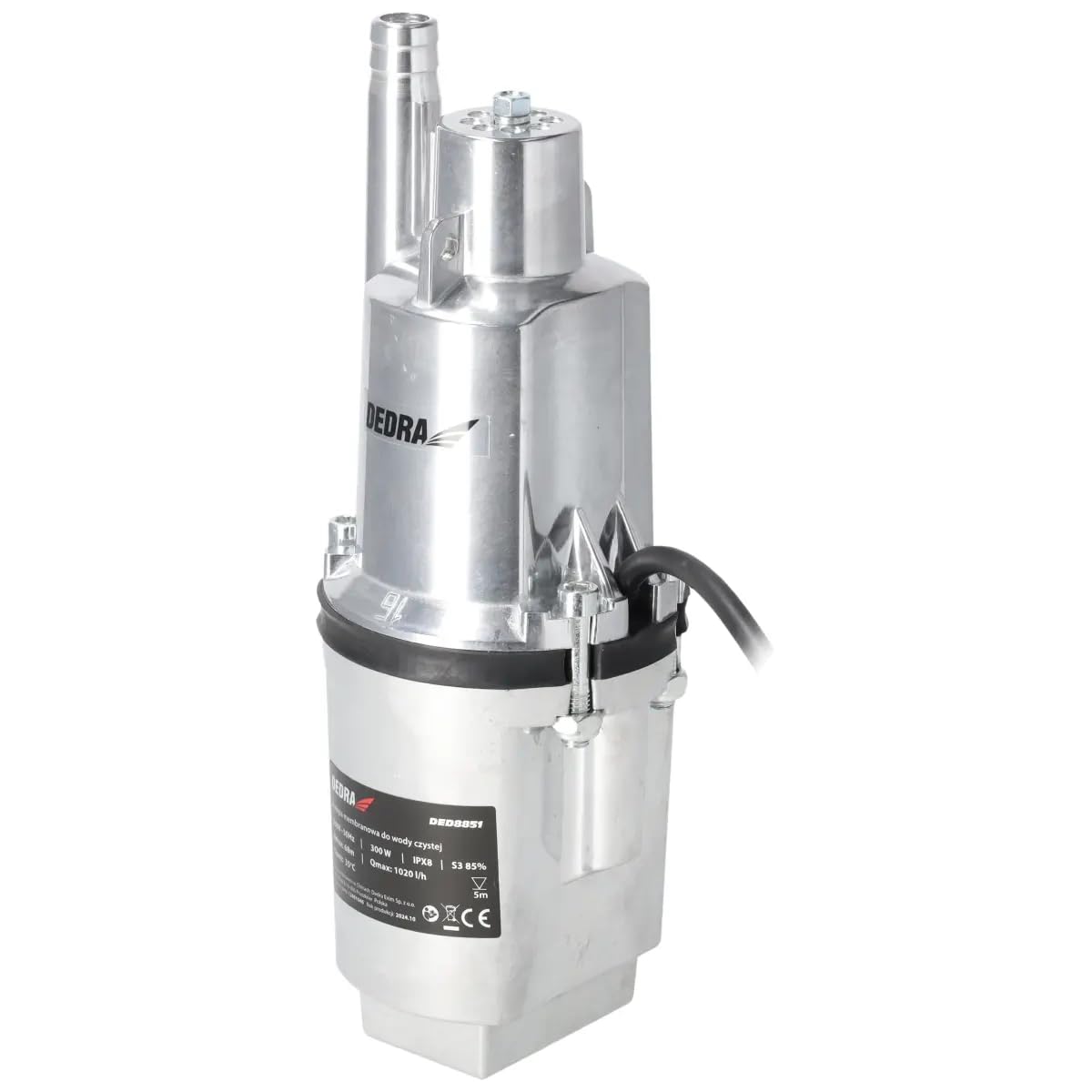 Dedra DED8851 – pompa membranowa zanurzeniowa 300 W, wydajność 1020 l/h, wysokość podnoszenia 68 m, przewód 10 m, do czystej wody, aluminiowa obudowa – komplet