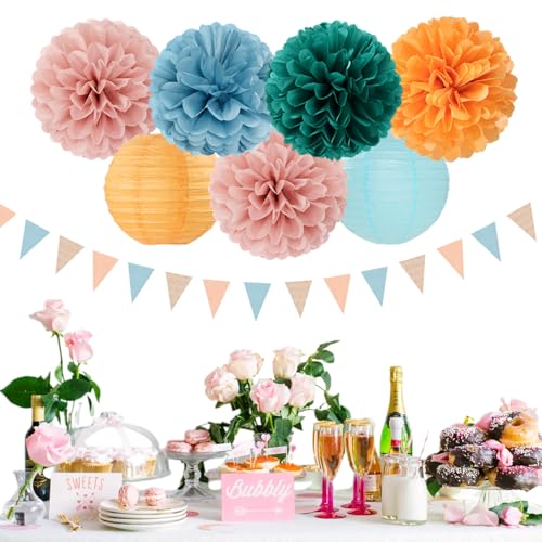 Image of Dusty-Blue Orange Teal Party-Decorations Paper-Flowers - 15pcs Fall Rose Gold Blush Pink Birthday Baby Bridal Shower Tissue Pom Poms Lanterns Streamers,Wedding Bachelorette Hanging Supplies Hugfond