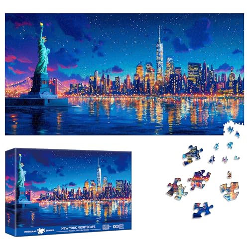 Reofrey Puzzle 1000 Pezzi - Paesaggio Notturno Newyorkese, Puzzle Adulti Forma Speciale, Sfida Impossibile Divertente Per Famiglie & Decorazione 41x80cm - Idea Regalo Per Appassionati Puzzle classici