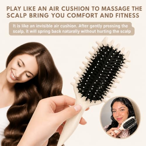 Image of Curly Curved Vented Hair Brush for Women & Men | Hollow Airflow Comb | Flexible Detangling Bristles with Comfortable Grip Handle | Blow-Dry Support & Scalp Massage Brush (Beige)