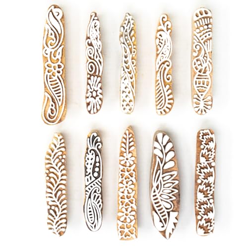 Image of Wooden Stamp Block, Printing Stamp Design Set | Block for Printing Saree Border | Dresses, Craft Card Making, Scrapbook, Clay Pottery | Set of 10