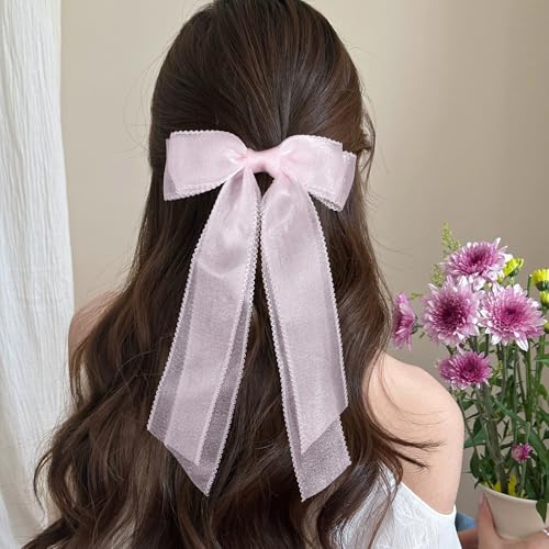 Pinzas para el cabello con lazo de tela rosa claro miniatura 2