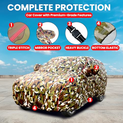 Image of 100% Waterproof Car Body Cover for Volvo XC 60 with Mirror Pocket, Soft Cotton Lining, Triple Stitched, Full Bottom Elastic (Heat Resistant Jungle Print with Red Piping)