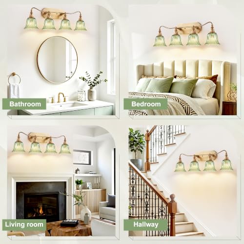 Image of LmnLvn Vintage Gold Bathroom Vanity Light, 4-Light Green Crystal Glass Shade