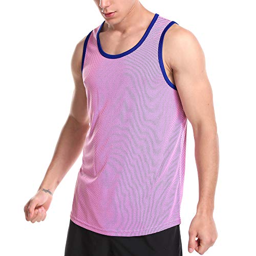 Zengjo Mesh Tank Top Men Beach Dry Fit Mens Sleeveless Workout Shirt Running Gym Bodybuilding Tanks Loose(Pink,L)