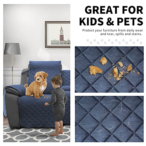 Image of Easy-Going Recliner Sofa Cover with Console, Reversible Couch Cover for Living Room, Split Sofa Cover for Each Seat with Elastic Straps for Kids, Dogs, Pets (3 Seater, Dark Blue /Light Blue)