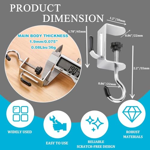 Image of 2-Pack Adjustable Metal Desk Hooks for Table | Heavy-Duty Under Desk Bag Holder, Purse & Backpack Hanger, Headphone and Umbrella Hook | No-Drill Clamp Table Hook for Office, Home & Study Desk