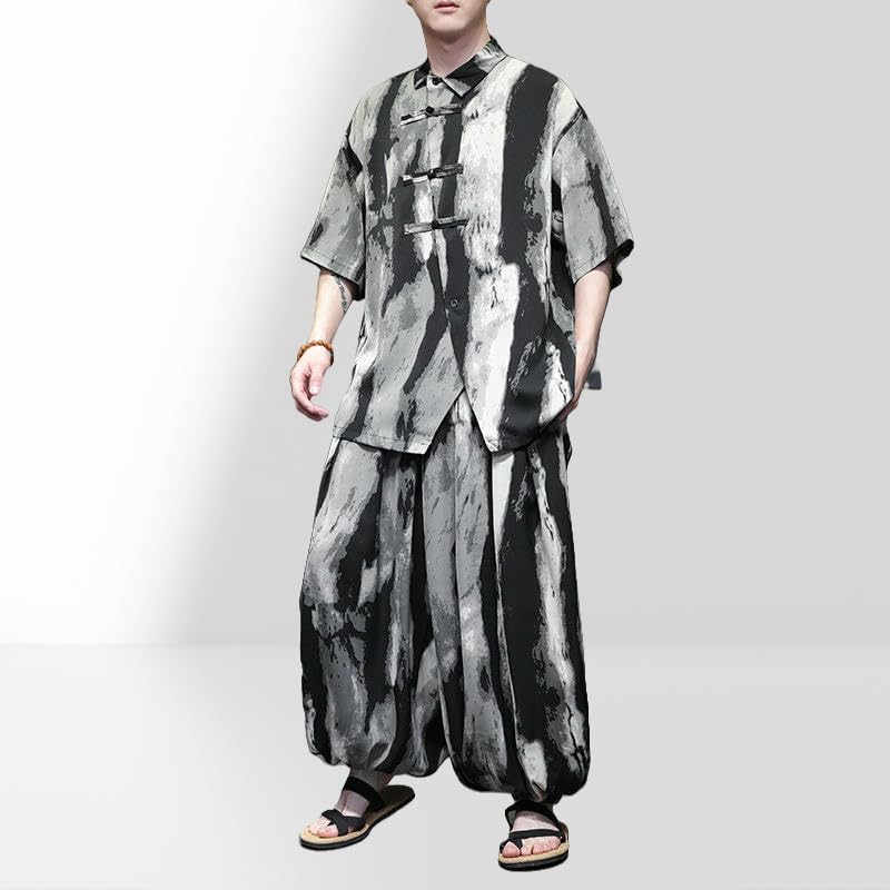 Chemise homme soie glacée rayée ensemble fluide anti-chaleur jambes larges - 2
