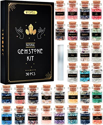{New 2022} Crystals for Witchcraft in Jars 30 PCS – Real Witch Crystals in a Bottle – Altar Witchcraft Crystals and Healing Stones – Crystal Witchcraft Supplies – Mini Gemstones – Wiccan Supply Tool