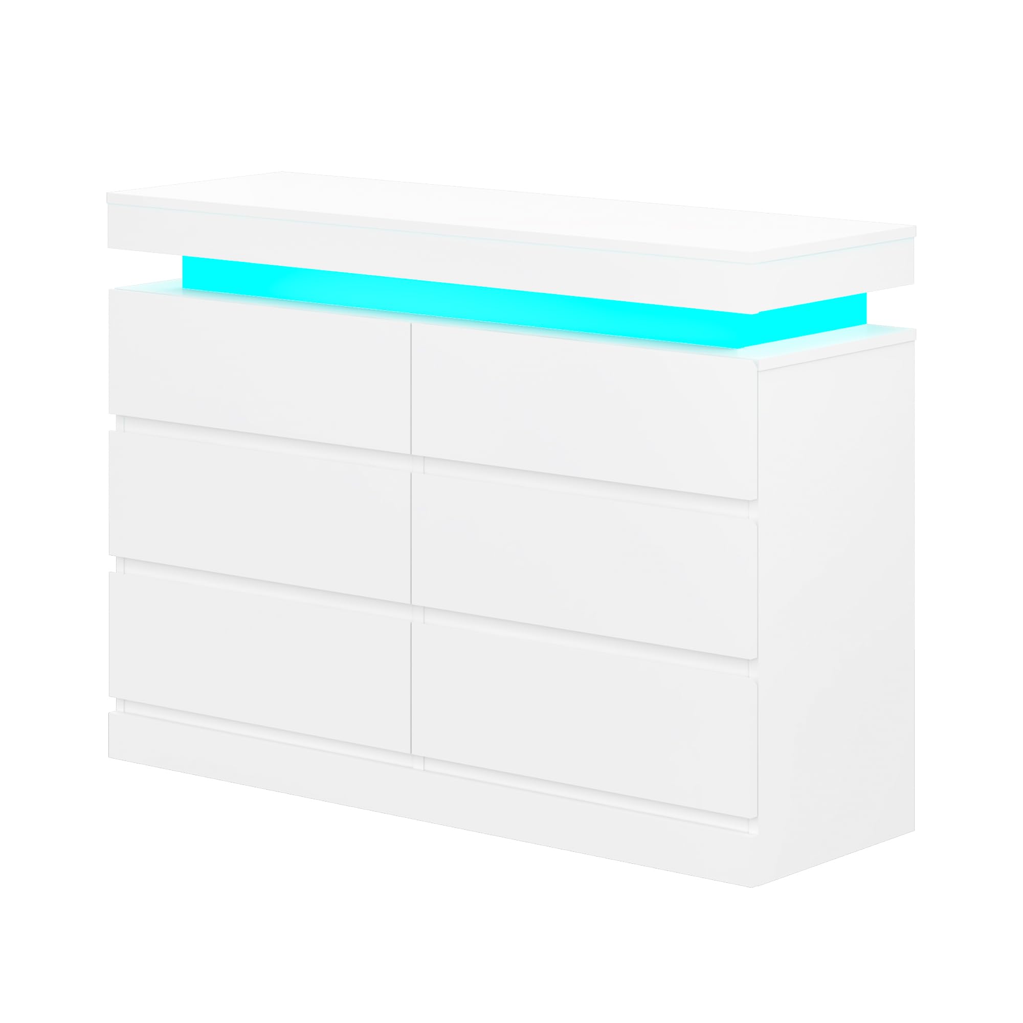 6/9 Drawers Wooden Chest of Drawers with LED Lights, Wide Lateral Dresser Cabinet No Handle Sleek Design Clothes Storage Organiser Unit Bedroom Furniture (White, 6 Drawers)