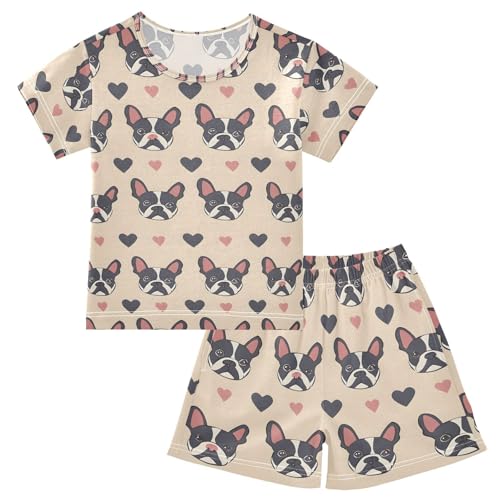 ALAZA Cartoon French Bulldog Love Heart Pajamas Short Sleeve 2 Piece Sleepwear Top and Bottom Pajama Set Unisex