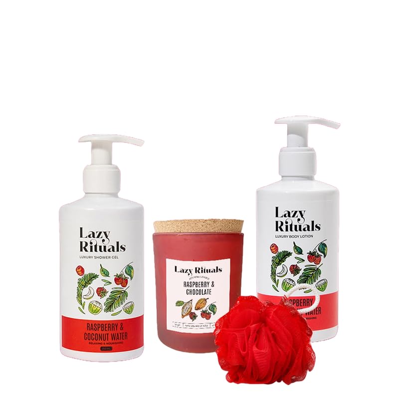 Lazy Rituals Raspberry & Coconut water self care set | Refreshing Shower Gel 250 ML, Nourishing Body Lotion 250 ML, Raspberry & Chocolate Soy Wax Candle 100 GM, and Loofah for a Sweet and Relaxing Skincare