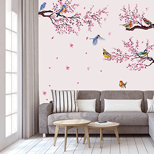 HSDSH Stickers Muraux Fleurs de Cerisier Rose Arbre Autocollant Murale Oiseaux et Branche Autocollant Mural Fleurs de Cerisier Décoration Murale Chambre à Coucher Salon Cuisine