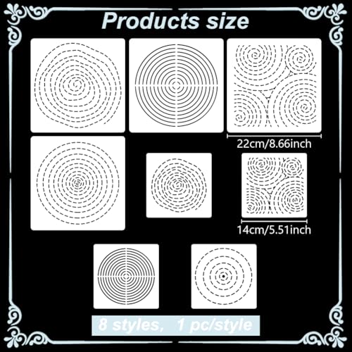 FREEBLOSS 8Pcs Sashiko Stencils Sashiko PET Template Annual Ring Embroidery Template for Hand Quilting Sashiko Patterns Templates Embroidery Stencils 2 Sizes 8.7’‘/5.5’‘