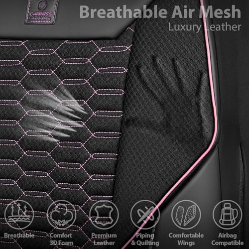 Image of CAR PASS 3D Foam Mesh Leather Car Seat Covers Front Seats,Breathable Mesh Front Seat Covers for Women,Universal Fit for Cars SUV Truck Sedan Van Automotive, Armrest Airbag Compatible,Black and Pink