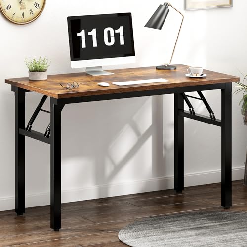 Image of Need 39.4 Inch Folding Desk for Small Spaces, Home Office Computer Desk with Rustic Brown Tabletop & Black Metal Frame, Foldable Writing Table for Study, Bedroom, Dorm Room & Student