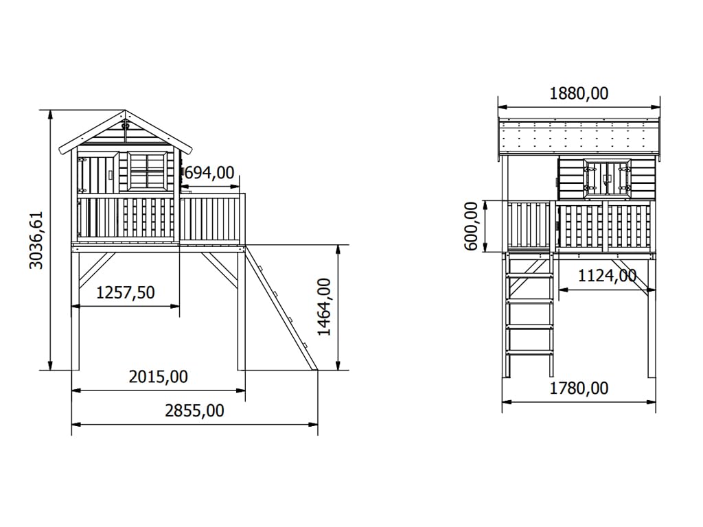 Stelzenhaus Funny XXL KDI | 285x188x303 cm | Kesseldruckimprägniertes Kiefernholz | Mit Veranda, Balkon & Blauer Rutsche | 146 cm Podest | Kinder Outdoor Spielhaus