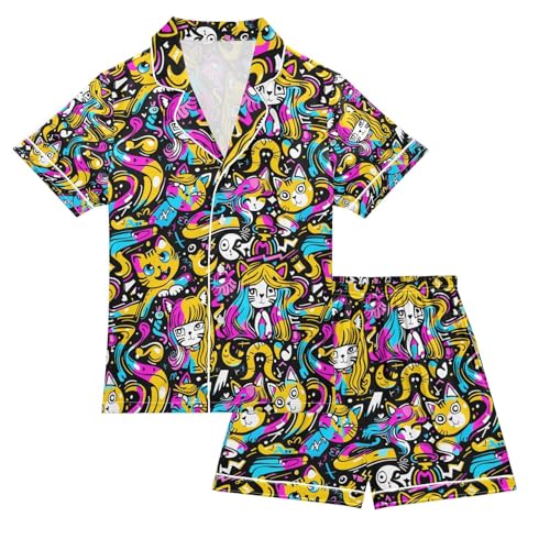 senya Graffiti Cat Satin Summer Pajama Sets Silk Short Sleeve Button Down Sleepwear
