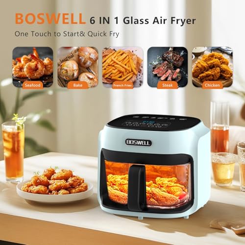 Image of 7.5 QT Glass Air Fryer, Transparent Fry Bowl, Circulating Heating & Temperature Control, Stainless Steel Interior, Dishwasher Safe, Green