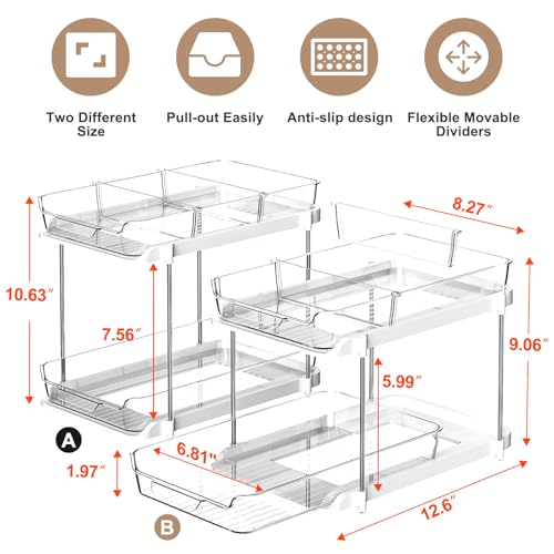 Delamu 2 Sets of 2-Tier Multi-Purpose Bathroom Under Sink Organizers and Storage, Stackable Kitchen Pantry Organization, Pull Out Medicine Cabinet Organizer with 8 Movable Dividers, White