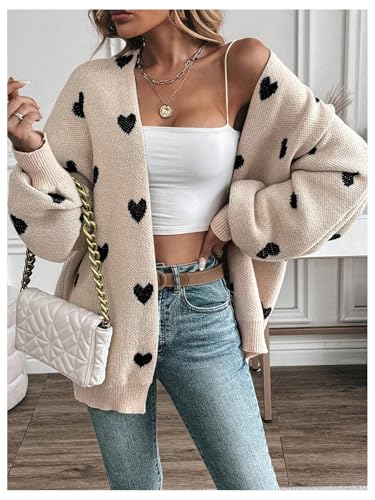 Women's Open Front Heart Print Cardigan Sweater Shawl Collar Long Sleeve Drop Shoulder Sweaters Knit Tops4