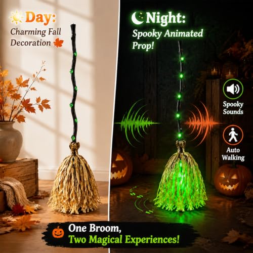 35" Animated Witch Broom Halloween Decor Sound Touch Activated LED Light Up - image 6