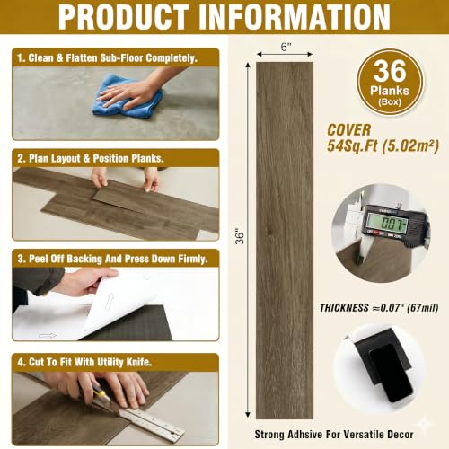 Image of Waterproof Peel and Stick Floor Tile, 54 Sq.Ft Saddle Walnut Brown Vinyl Wood Flooring, Easy DIY-Install & Durable for Kitchen, Bedroom, Bathroom, RVs, Rental-Friendly (36-Planks 6 inchx36 inch)