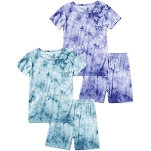 Jimonda Kids Soft Rayon From Bamboo Sleepwear Short Sleeve Boys Girls Pajama Outdoor 4-Piece tops&shorts Casual sets Tie PJ Blue&purple 4T