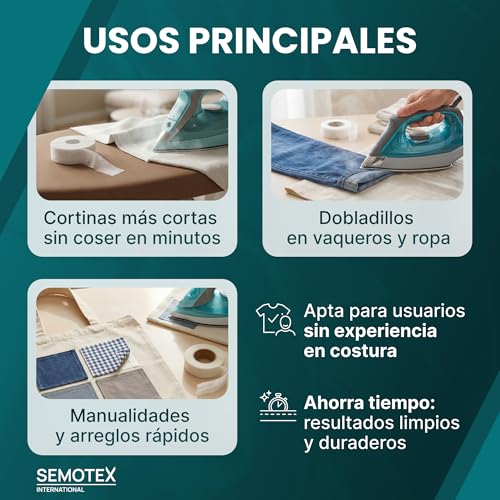 gemola Cinta Termoadhesiva para Dobladillos EXTRA FUERTE - 50 Metros x 20 mm - Cinta Adhesiva Dobladillos. Cinta para Cortinas, Bajo Pantalón, Vestidos, Vaqueros - 20 milímetros ancho