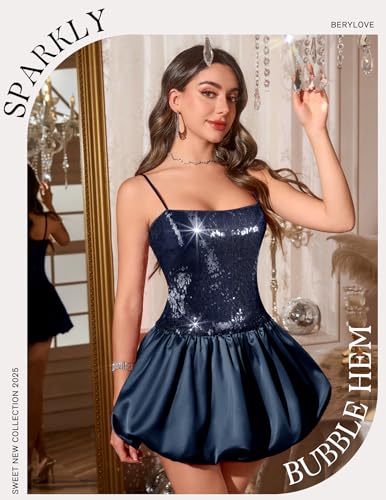 Image of BeryLove Women's Sequin Short Prom Bubble Dress Sparkly Spaghetti Strap Cocktail Party Mini Dresses