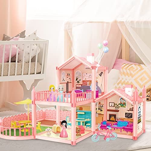 Image of deAO Dollhouse with Furniture and Accessories, Dollhouse with 2 Floors, 3 Bedrooms, Balcony, 3 Dolls, 17 Furniture, Bicycles, Gift for Girls for 3 4 5 6 7 8 Years
