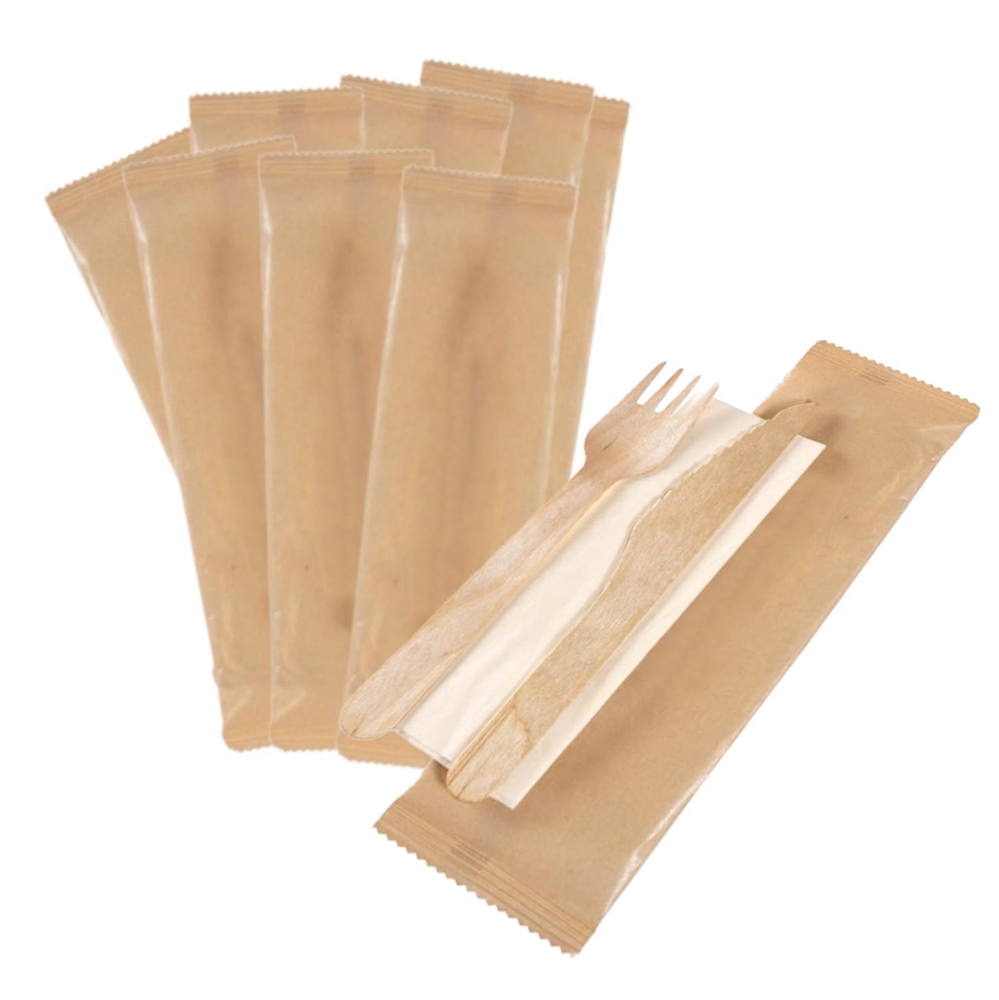DETERMONDO 250 pezzi Set Posate Usa e Getta in Legno Imbustate Biodegradabili Compostabili con Salvietta Forchette Usa e Getta Coltelli Legno Salviette