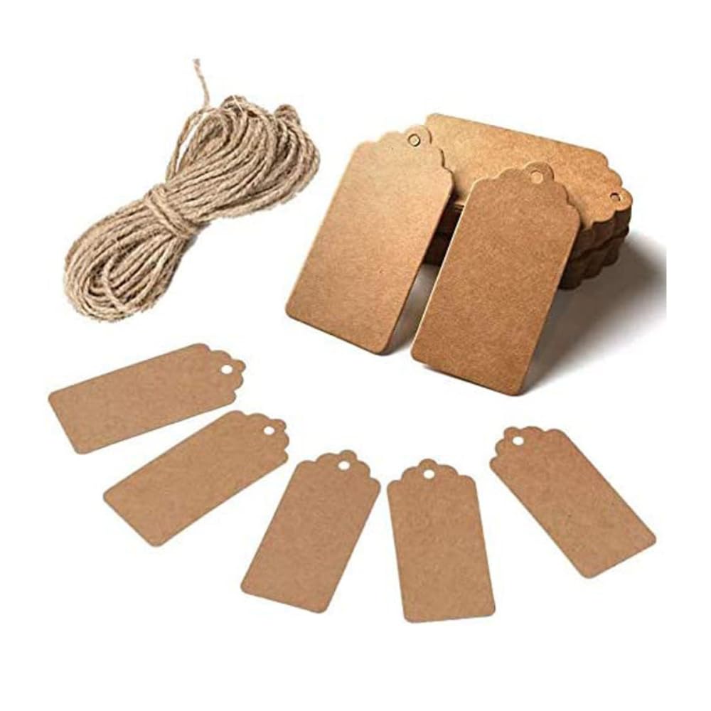 Lot de 100 étiquettes en papier kraft avec ficelle de jute pour emballage cadeau, artisanat, étiquetage, étiquettes de prix, étiquettes en papier, loisirs créatifs, 95 x 45 mm, style M