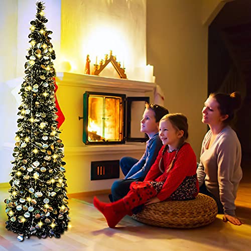 Black Halloween Christmas Tree With 50 Lights,5Ft Pop Up Artificial Collapsible Pencil Tinsel Trees For Bedroom Decorations Holiday Party Wokeise #TOP1