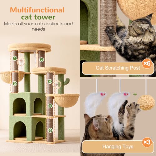 Image of Globlazer Cat Tree Tower for Indoor Cats, Sturdy Adult Cat Tree House for Large Adult Cats with 2 Platform, 6 Cat Scratching Post, 2 Cat Caves, Dangling Toys, S63, 63 inch, Green